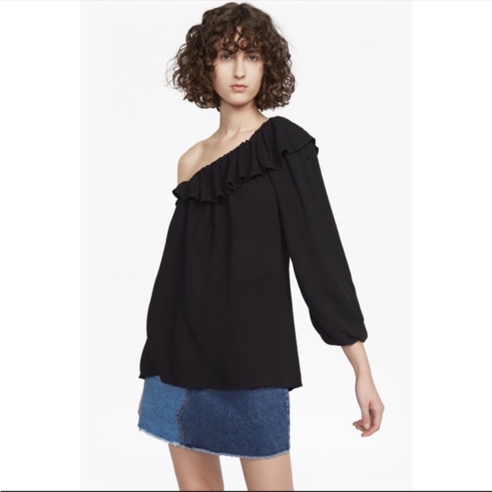 NWT French Connection Evening Dew One Shoulder Long Sleeve Black Top Size 6 $128